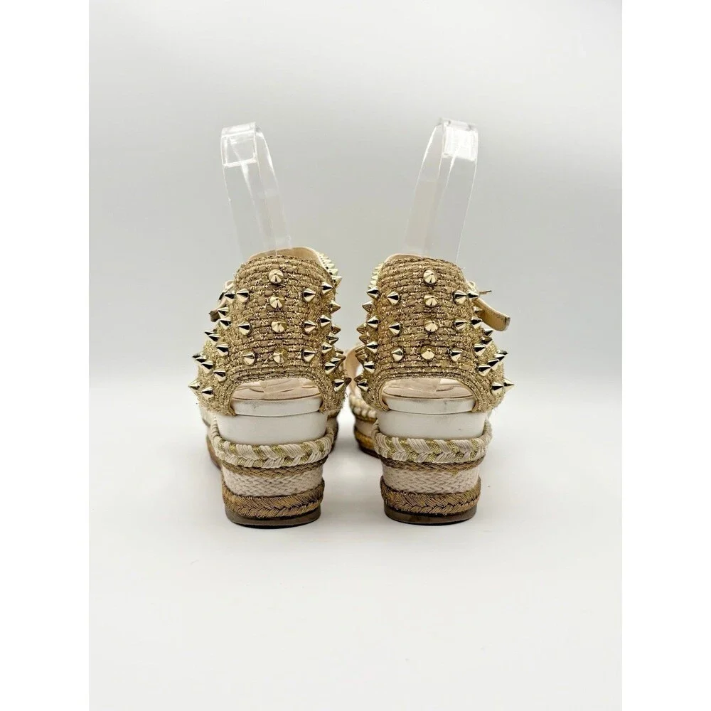Christian Louboutin Madmonica 60 White Leather Gold Spike Wedge Espadrille EU 37